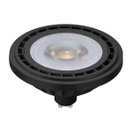 Żarówka LED AR111 GU10 o mocy 10W, barwa światła 4000K, w czarnej obudowie. Okrągły kształt z przezroczystym kloszem, widoczne metalowe styki. Produkt ukazany z boku, zbliżenie na detal klosza.