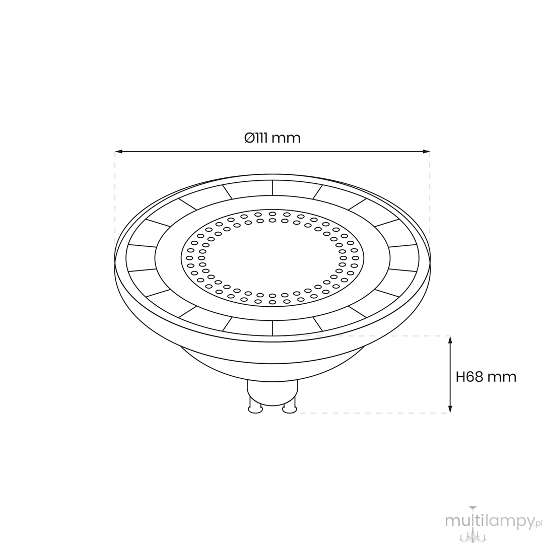 Żarówka LED AR111 GU10 o mocy 10W, kolor czarny. Okrągła forma z średnicą 111 mm i wysokością 68 mm. Wyposażona w diody LED, przeznaczona do oświetlenia wnętrz. Widoczny gwint GU10 do łatwego montażu.