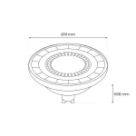 Żarówka LED AR111 GU10 o mocy 10W, kolor czarny. Okrągła forma z średnicą 111 mm i wysokością 68 mm. Wyposażona w diody LED, przeznaczona do oświetlenia wnętrz. Widoczny gwint GU10 do łatwego montażu.