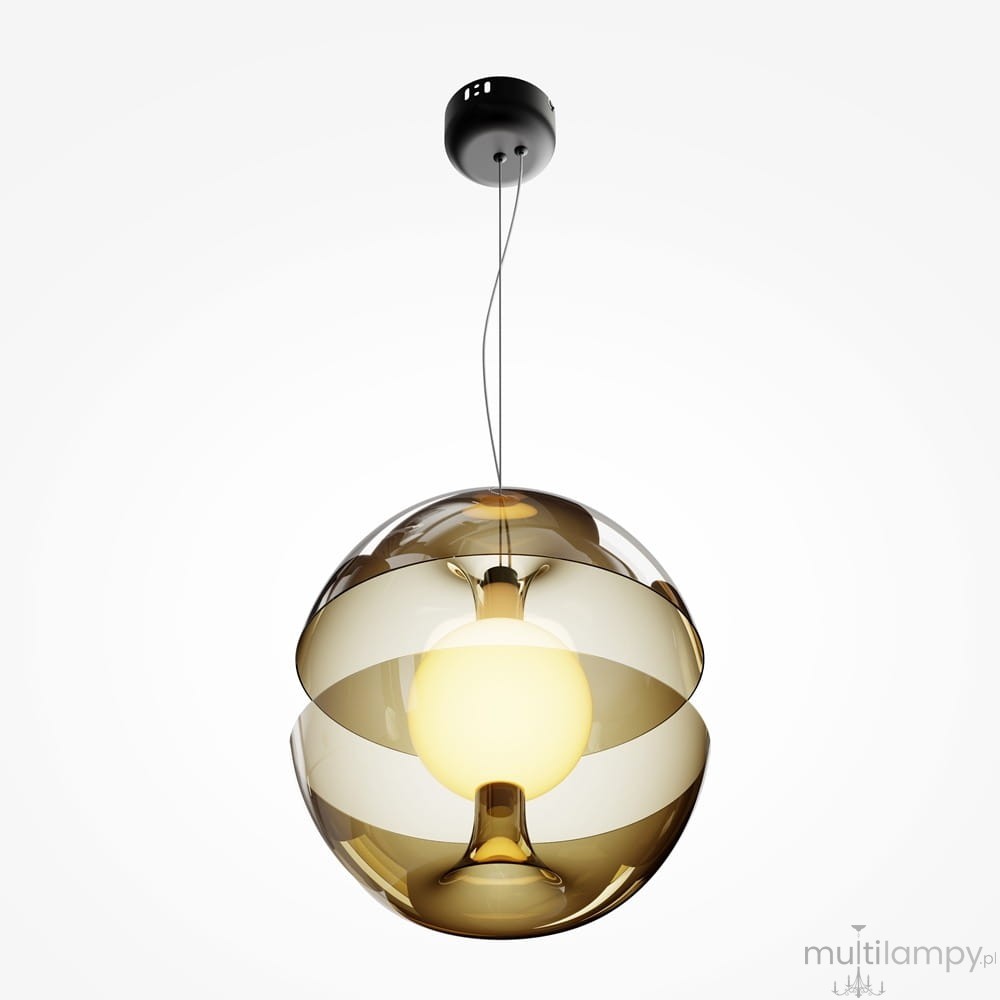 Lampa wisząca Rebel LED w kolorze złotym/bursztynowym, o okrągłym kształcie z przezroczystymi warstwami. Zawieszona na cienkim przewodzie, z centralną żarówką emitującą ciepłe światło. Montaż sufitowy, minimalistyczny design na białym tle.