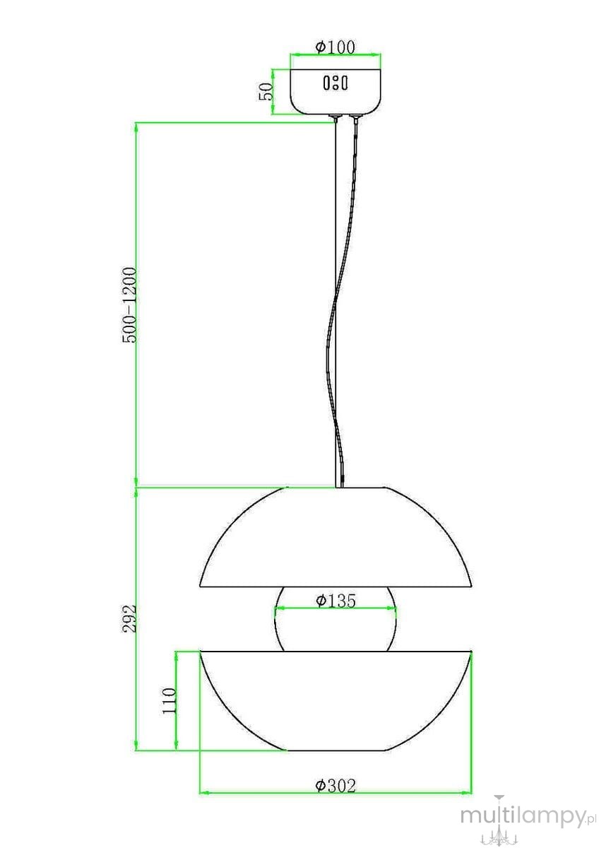 Złota i bursztynowa lampa wisząca Rebel MOD322PL-L6G3K o okrągłym kształcie. Posiada dwie półkuliste osłony oraz minimalistyczny stelaż. Wysokość regulowana (500-1200 mm), średnica dolnej osłony wynosi 302 mm, górnej 135 mm.