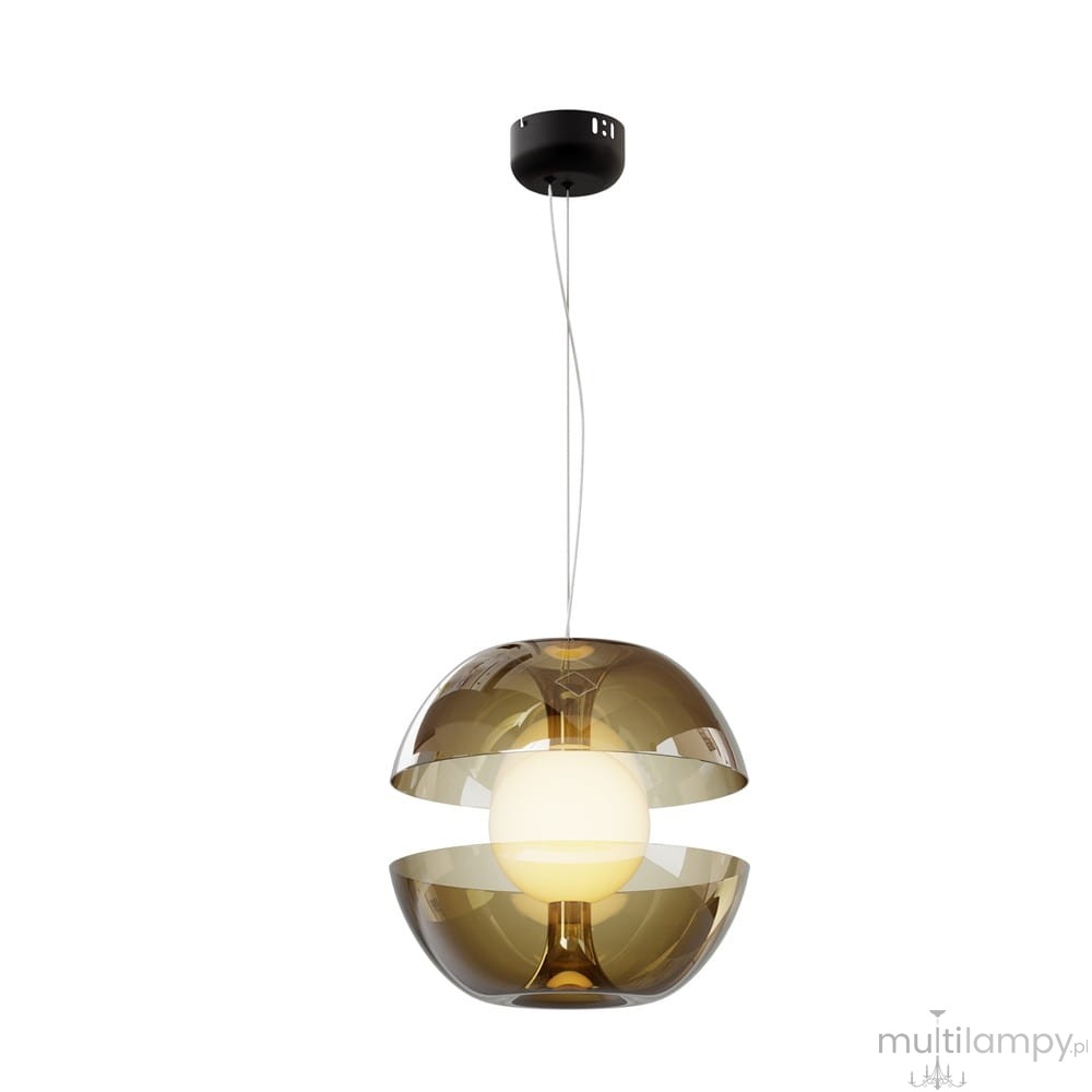 Złota i bursztynowa lampa wisząca Rebel MOD322PL-L6G3K z przezroczystymi kloszami, składająca się z dwóch półkul, z centralną, okrągłą żarówką LED. Ujęcie frontalne, zawieszona na cienkim przewodzie, z czarnym mocowaniem sufitowym.