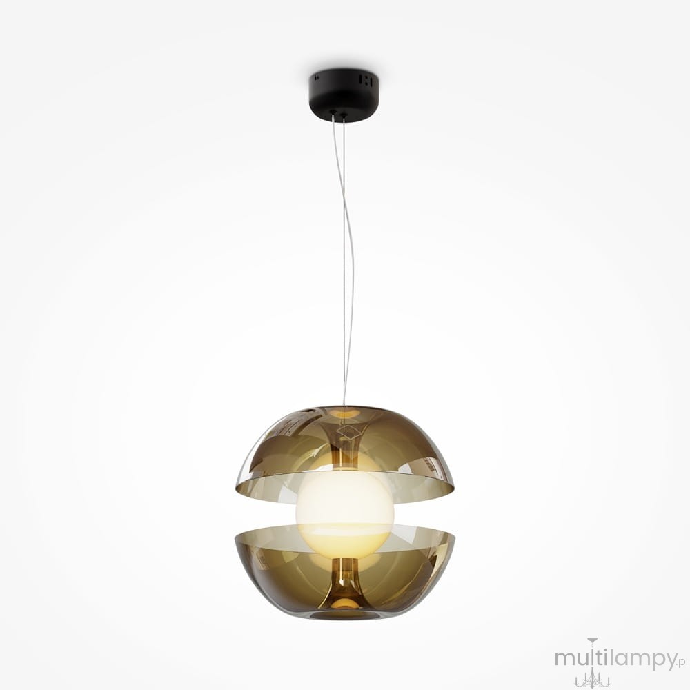 Lampa wisząca Rebel LED w kolorze złotym i bursztynowym z dwoma przezroczystymi kloszami, w których umieszczona jest okrągła, biała żarówka. Zawieszona na cienkim, metalowym kablu z czarnym mocowaniem sufitowym.