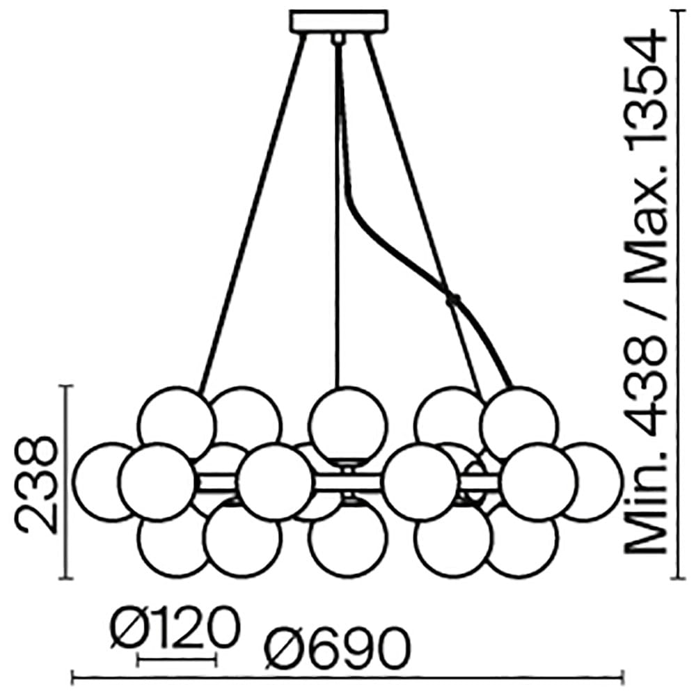 Lampa wisząca Dallas 25-punktowa w kolorze czarnym i przydymionym, o średnicy 690 mm, z regulowaną wysokością od 438 mm do 1354 mm. Zawieszona na trzech linkach, z okrągłymi, białymi kloszami ułożonymi w dwóch rzędach.