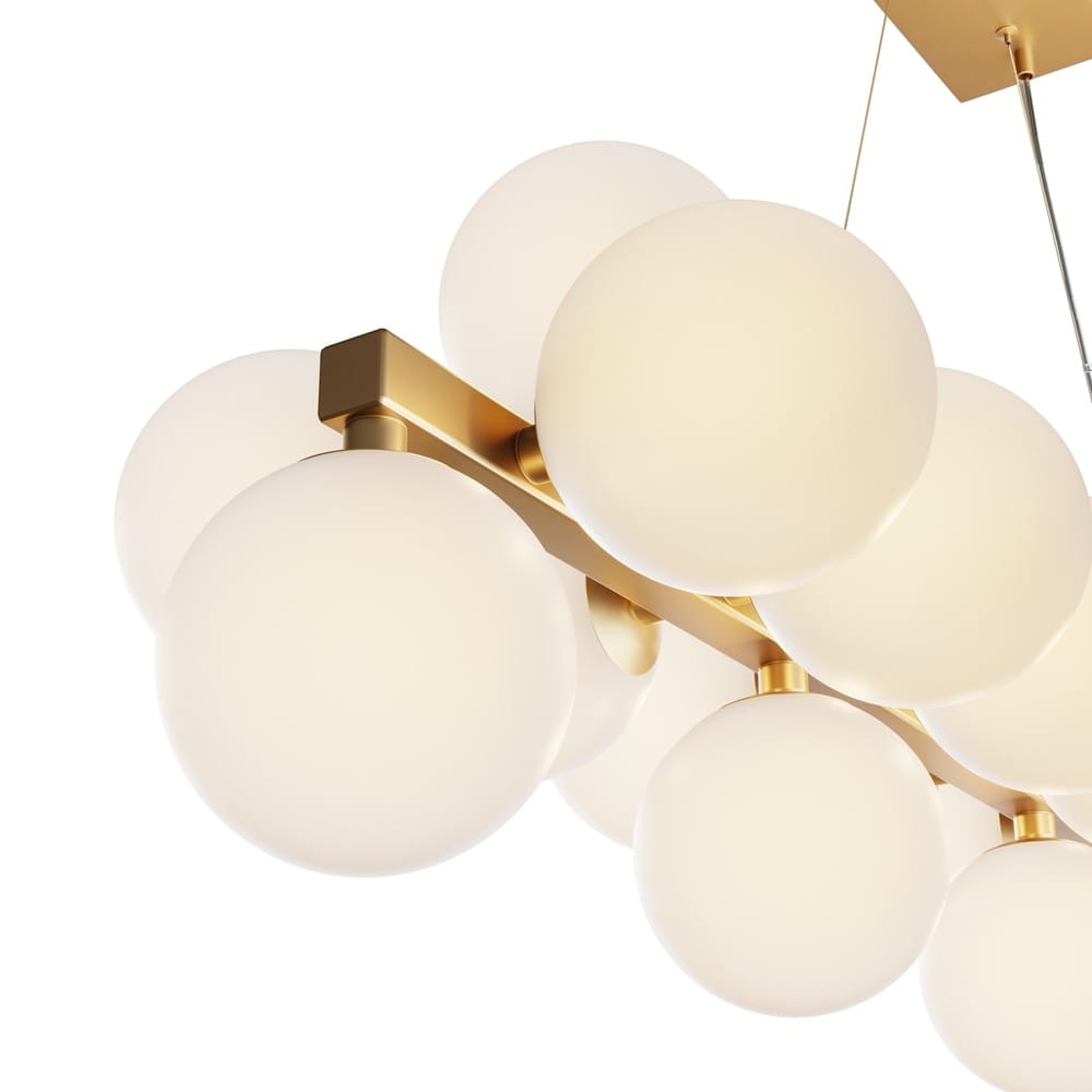 Lampa wisząca Dallas 25-punktowa w złotym wykończeniu z białymi, matowymi kulami. Zawieszona na prostokątnym, złotym stelażu, z oświetleniem w układzie symetrycznym. Idealna do nowoczesnych wnętrz.