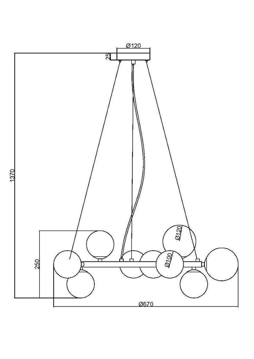 Czarna lampa wisząca Dallas z 11 punktami świetlnymi, posiadająca przydymione szklane klosze w kształcie kul. Produkt zawieszony na cienkich kablach, z prostokątnym, metalowym mocowaniem. Wymiary: długość 670 mm, wysokość 1370 mm, szerokość 120 mm.