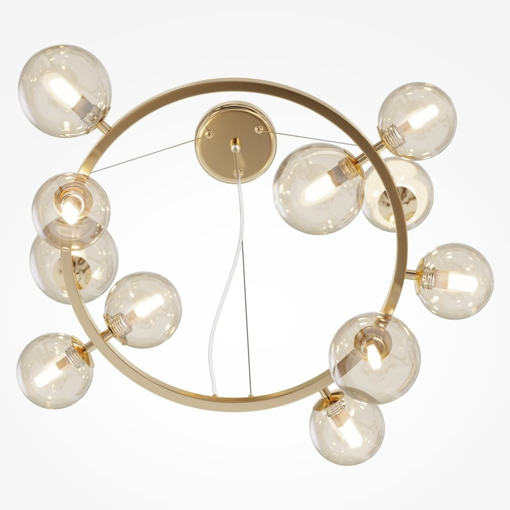 Lampa wisząca Dallas 11-punktowa, złota z bursztynowymi kloszami. Okrągła konstrukcja z metalowym stelażem. Klosze w formie dużych, przezroczystych kul. Zawieszona na cienkim przewodzie, z centralnym mocowaniem na suficie.