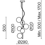 Lampa wisząca Dallas 6-punktowa w kolorze złotym i bursztynowym. Okrągłe klosze o średnicy 10 cm i 12 cm zawieszone na prostym, złotym ramieniu. Wysokość regulowana od 500 mm do 1700 mm, średnica podstawy 290 mm.