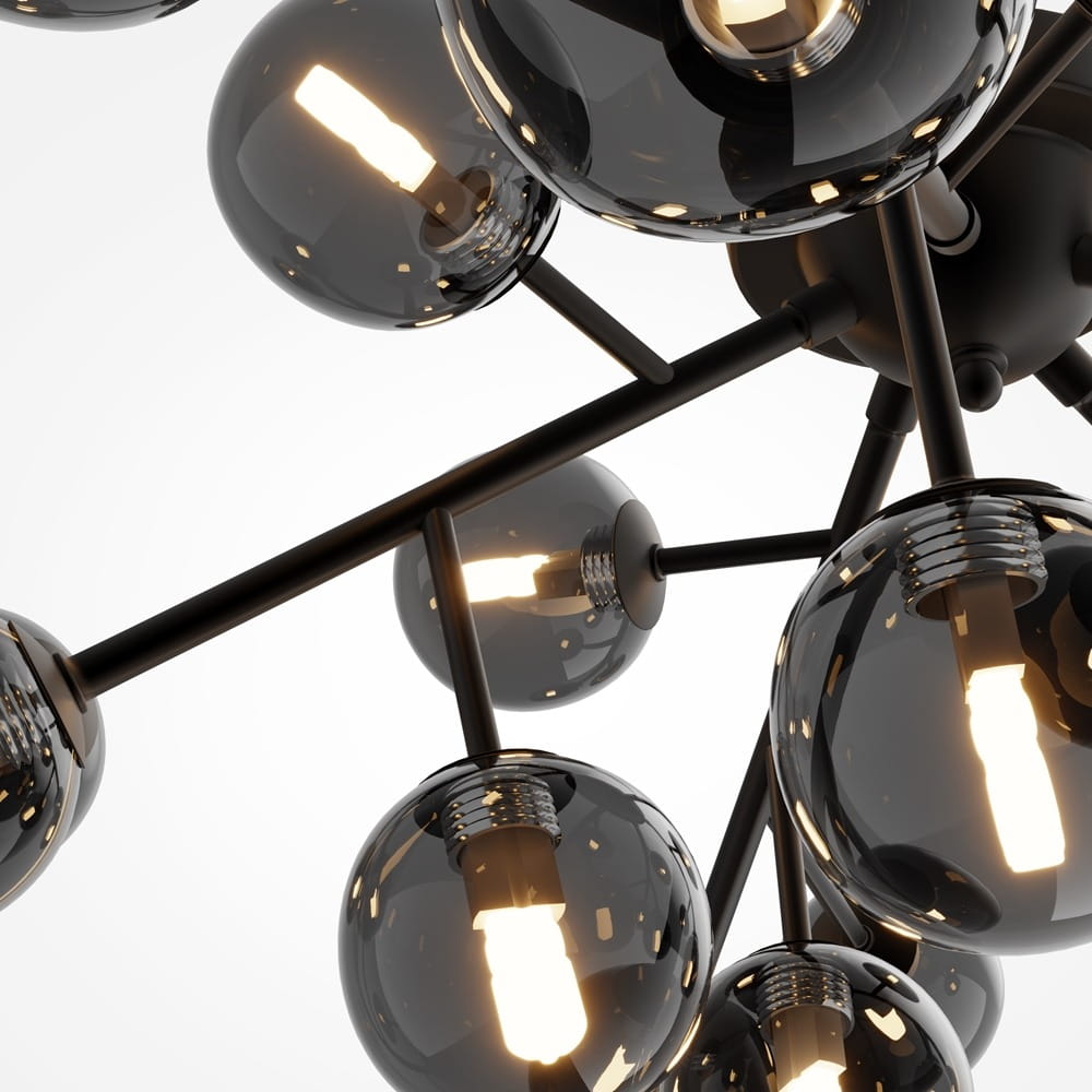 Lampa sufitowa Dallas z 20 punktami świetlnymi, w kolorze czarnym i przydymionym. Widok z dołu na szklane klosze z żarówkami, metalowe ramiona w kolorze czarnym, nowoczesny design.