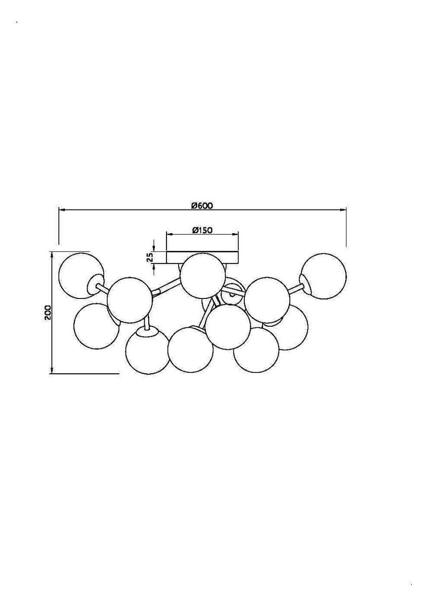 Czarna lampa sufitowa Dallas z 12 punktami świetlnymi, przydymione klosze o średnicy 15 cm, umieszczone na metalowej konstrukcji. Ujęcie z boku, widać wymiary 600 mm szerokości i 200 mm wysokości.