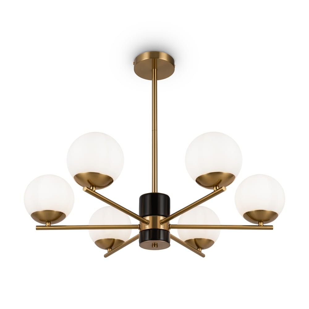 Lampa wisząca Marble, 6-punktowa, wykonana z mosiądzu. Posiada sześć białych, okrągłych kloszy na metalowych ramionach w kolorze złotym. Centralna część czarna, lampa zawieszona pod sufitem. Klosze rozmieszczone równomiernie, styl nowoczesny.
