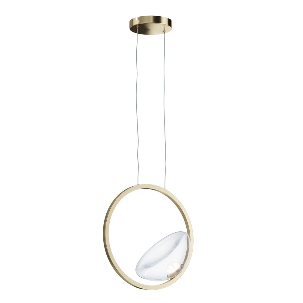 Lampa wisząca LED Lunare z mosiężnym okręgiem. Szklany klosz o zaokrąglonym kształcie umieszczony wewnątrz. Produkt zawieszony na dwóch cienkich linkach, z okrągłym mocowaniem sufitowym. Kolor mosiądzu i przezroczystości klosza.