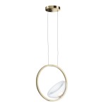 Lampa wisząca LED Lunare z mosiężnym okręgiem. Szklany klosz o zaokrąglonym kształcie umieszczony wewnątrz. Produkt zawieszony na dwóch cienkich linkach, z okrągłym mocowaniem sufitowym. Kolor mosiądzu i przezroczystości klosza.