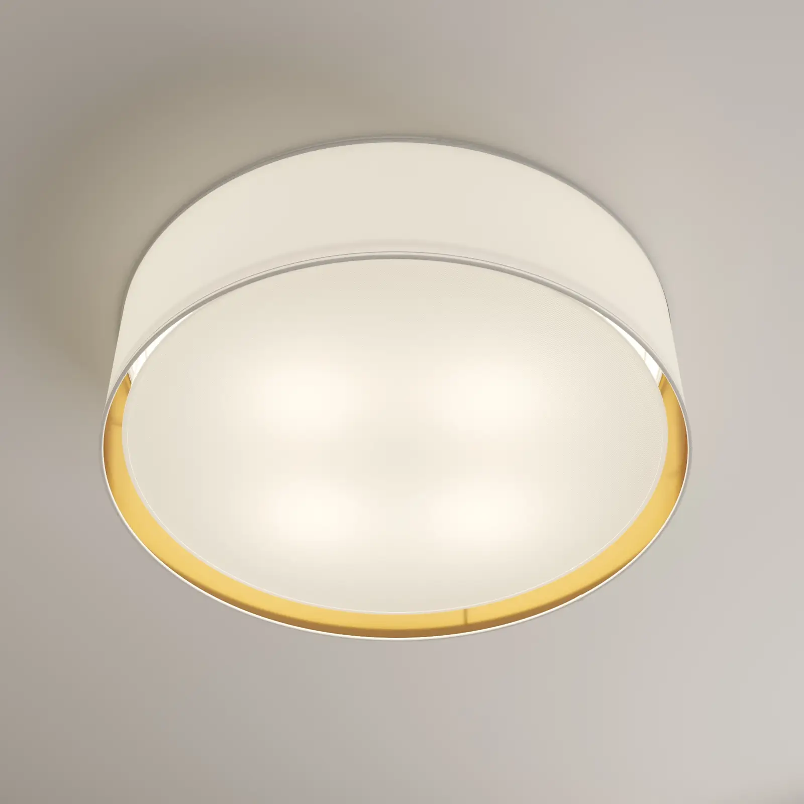 Plafon Bilbao D60 w kolorze białym, okrągły, z czterema źródłami światła. Wewnętrzna część z matowego szkła, a zewnętrzna z metalicznej, złotej oprawy. Zainstalowany sufitowo, z delikatnym wykończeniem.