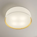 Plafon Bilbao D60 w kolorze białym, okrągły, z czterema źródłami światła. Wewnętrzna część z matowego szkła, a zewnętrzna z metalicznej, złotej oprawy. Zainstalowany sufitowo, z delikatnym wykończeniem.