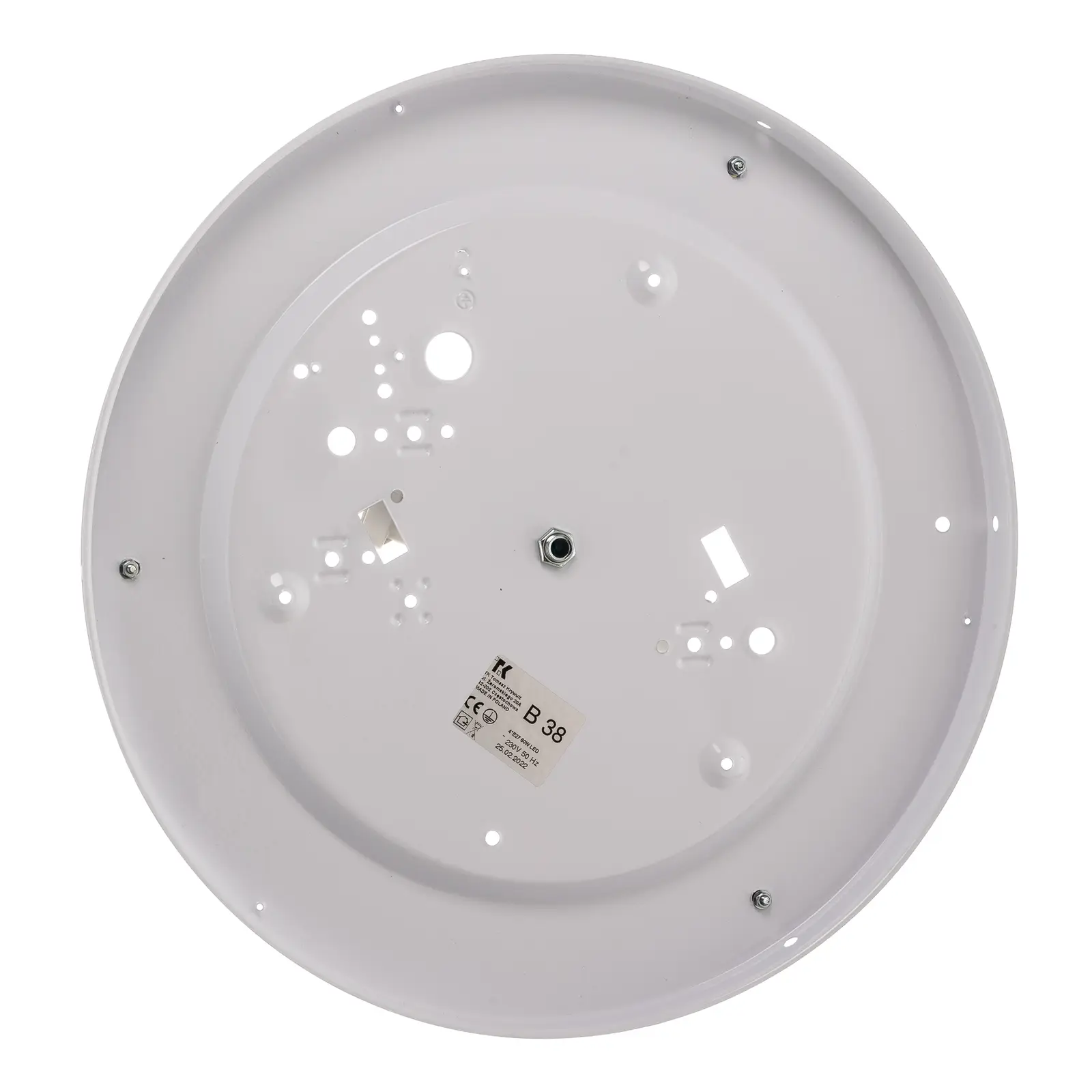 Plafon Rondo D60 w kolorze szarym, okrągły, z widocznymi otworami montażowymi. Przeznaczony do montażu na suficie, z miejscem na cztery źródła światła. Widok od spodu, na białym tle.
