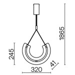 Złota lampa wisząca Maya LED, o średnicy 320 mm i wysokości 1865 mm, z okrągłym kształtem. Wykonana z metalu, zawieszona na cienkim przewodzie. Wymiary: 41 mm grubości, z detalami konstrukcyjnymi widocznymi na rysunku technicznym.