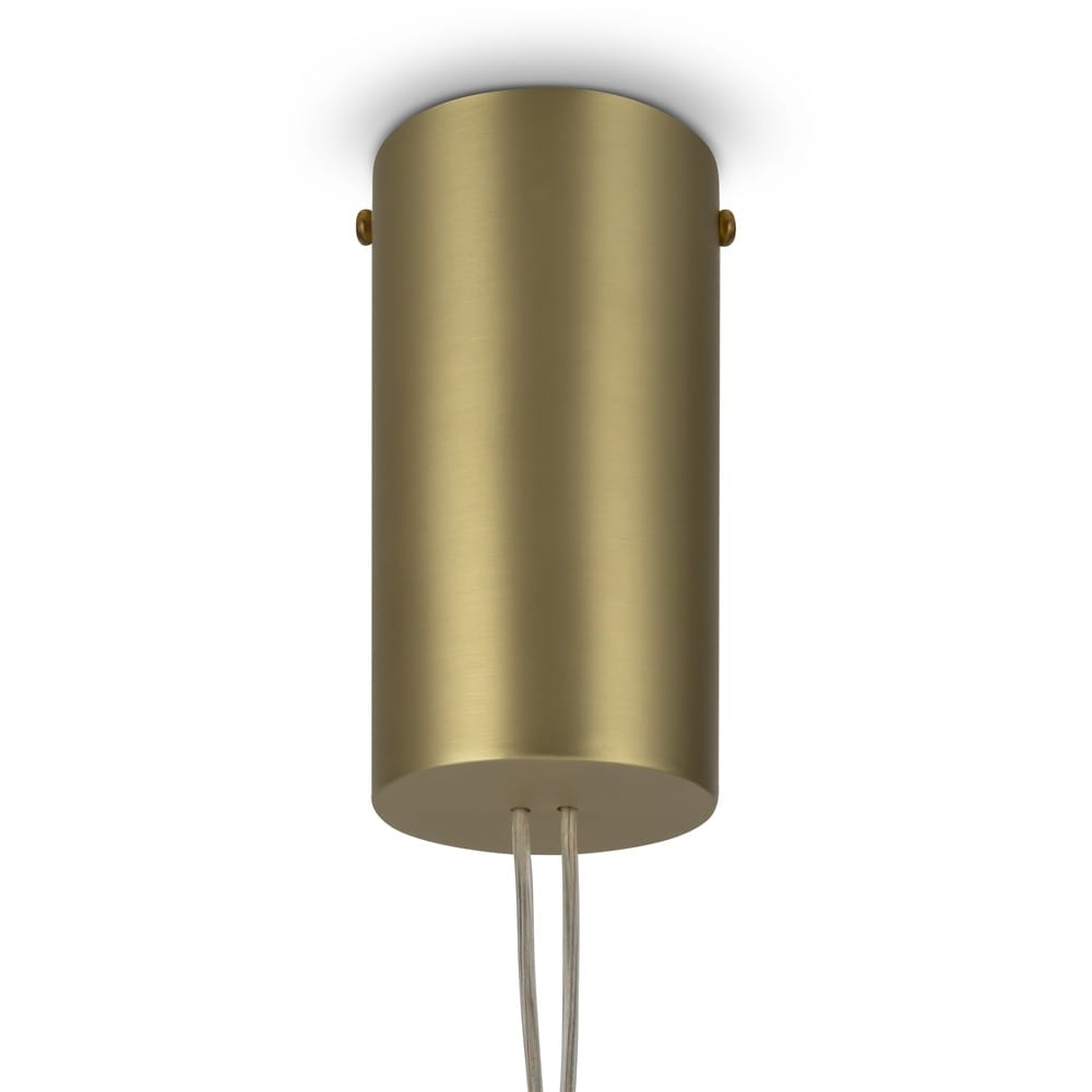 Złota lampa wisząca Maya LED, cylindryczny kształt, matowa powierzchnia, dwa przewody. Kąt ujęcia z dołu, widok na górną część lampy z mocowaniem. Tło białe, podkreślające kolor lampy.