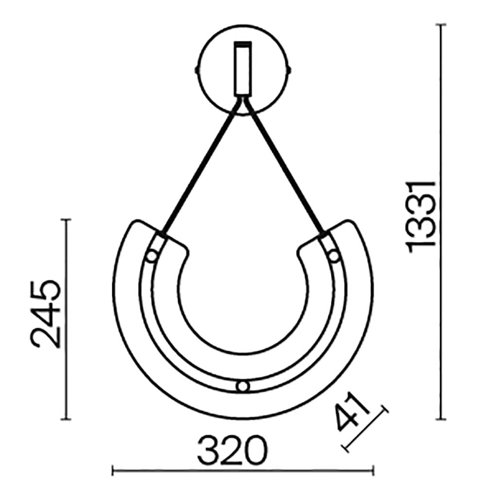 Kinkiet LED Maya w kolorze złotym, o okrągłym kształcie. Wymiary: średnica 320 mm, wysokość 1331 mm, grubość 41 mm. Zawieszony na cienkim przewodzie, z mocowaniem na okrągłej podstawie. Idealny do nowoczesnych wnętrz.