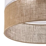 Lampa wisząca Linobianco 3-punktowa w kolorze białym z elementami z juty. Widoczne okrągłe klosze z teksturowanym materiałem jutowym, zawieszone w sposób równoległy, co podkreśla ich nowoczesny design.