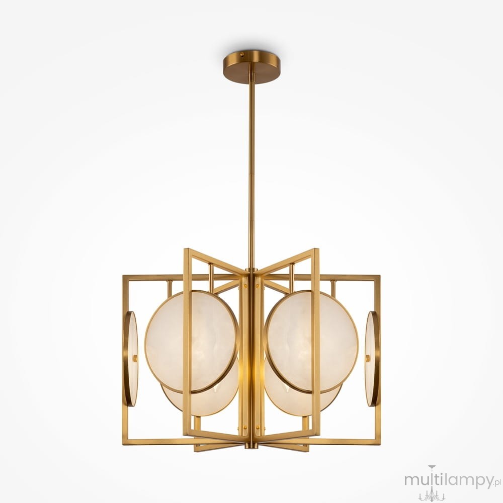 Złota lampa wisząca Marmo MOD099PL-06G, sześciopunktowa, z okrągłymi, mlecznymi kloszami. Produkt zawieszony na cienkim pręcie, z nowoczesnym, geometrycznym wzorem, umieszczony na białym tle.