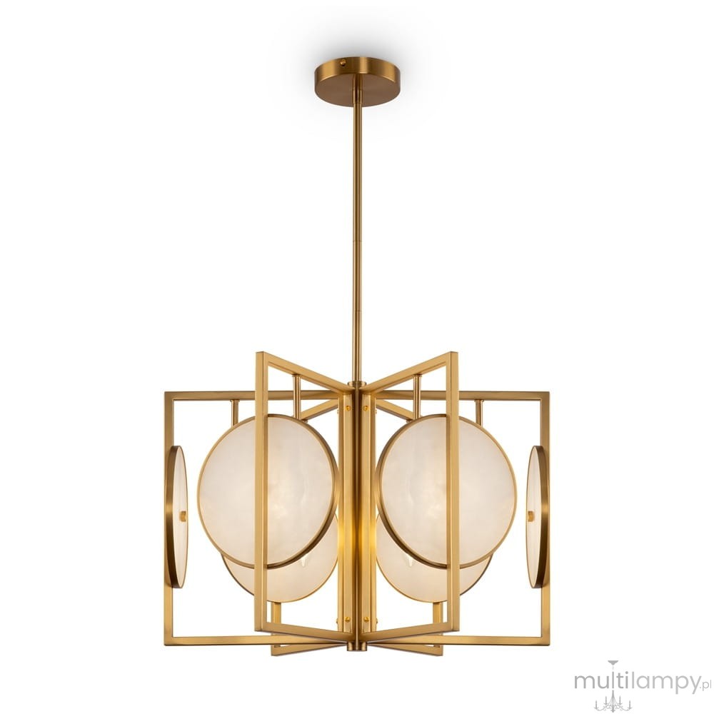 Lampa wisząca Marmo 6-punktowa w kolorze złotym, z okrągłymi kloszami z matowego szkła, umieszczona w geometrycznej metalowej konstrukcji. Ujęcie frontalne, zawieszona na cienkim przewodzie, elegancka i nowoczesna.