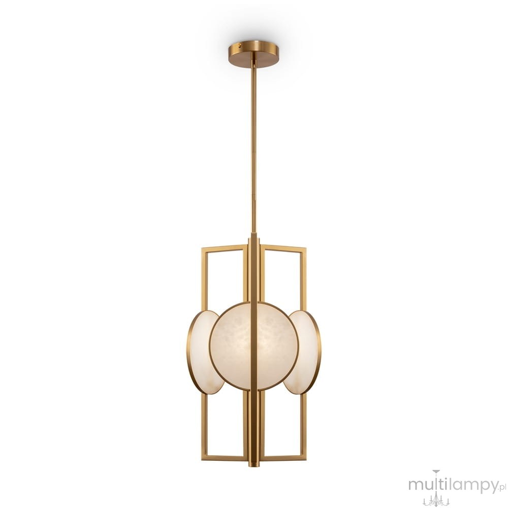 Lampa wisząca Marmo 3-punktowa w kolorze złotym z okrągłym, matowym kloszem otoczonym przez metalową ramę. Ujęcie z przodu, lampa zawieszona na cienkim przewodzie, idealna do nowoczesnych wnętrz.