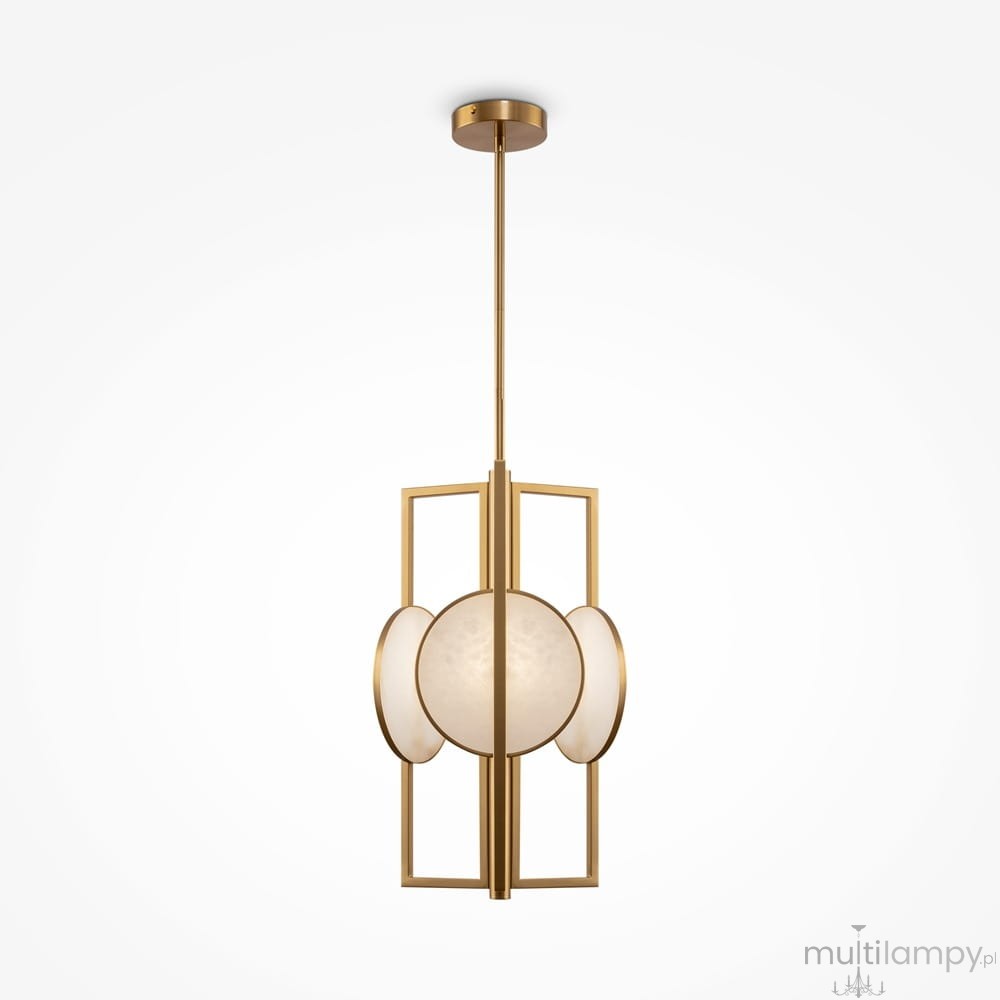 Lampa wisząca Marmo 3-punktowa w kolorze złotym, z okrągłym kloszem w odcieniu mlecznym otoczonym przez dekoracyjne elementy. Produkt zawieszony na cienkim stelażu, frontalne ujęcie, na białym tle.