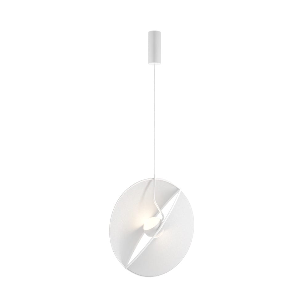 Biała lampa wisząca Reflex LED 2-punktowa z okrągłym kloszem. Klosz z delikatnym wycięciem, w centralnej części umieszczona żarówka. Lampa zawieszona na cienkim przewodzie w minimalistycznym stylu.