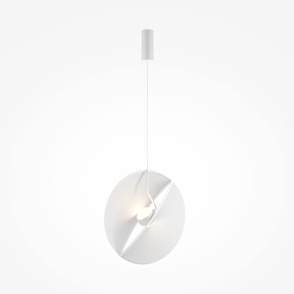 Biała lampa wisząca Reflex LED z dwoma punktami świetlnymi, o nowoczesnym, minimalistycznym designie. Okrągła podstawa z wycięciem, zawieszona na cienkim kablu, z lampą umieszczoną w centralnej części. Tło jednolite, jasne.
