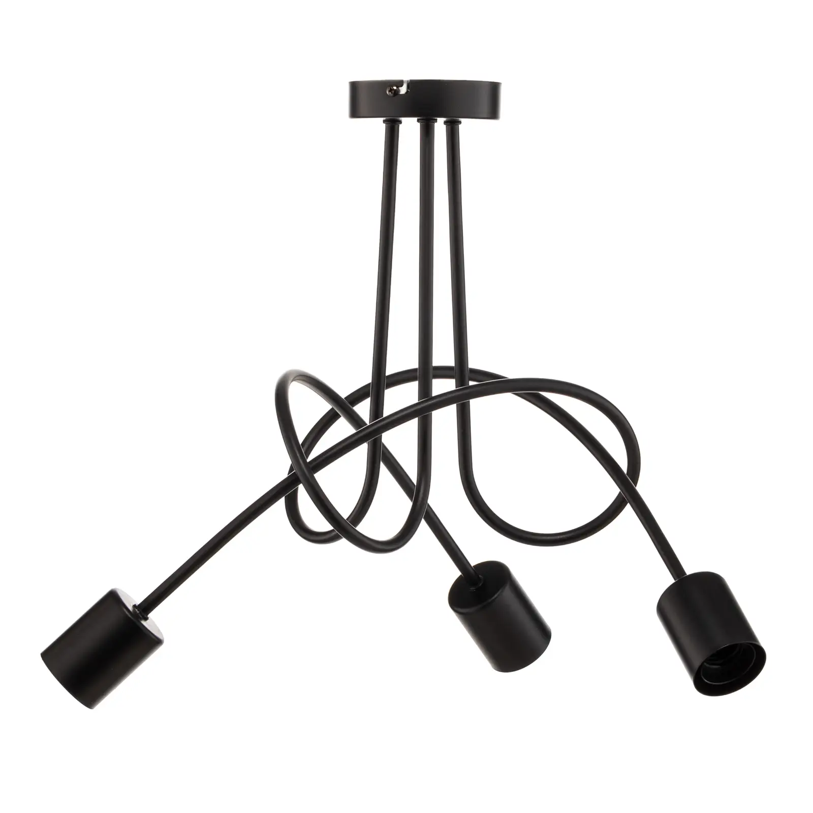 Lampa wisząca Tango 3-punktowa w kolorze czarnym. Składa się z trzech zakrzywionych ramion i okrągłej podstawy montażowej. Prosty, nowoczesny design z matowym wykończeniem, przeznaczona do zastosowania w różnych wnętrzach.
