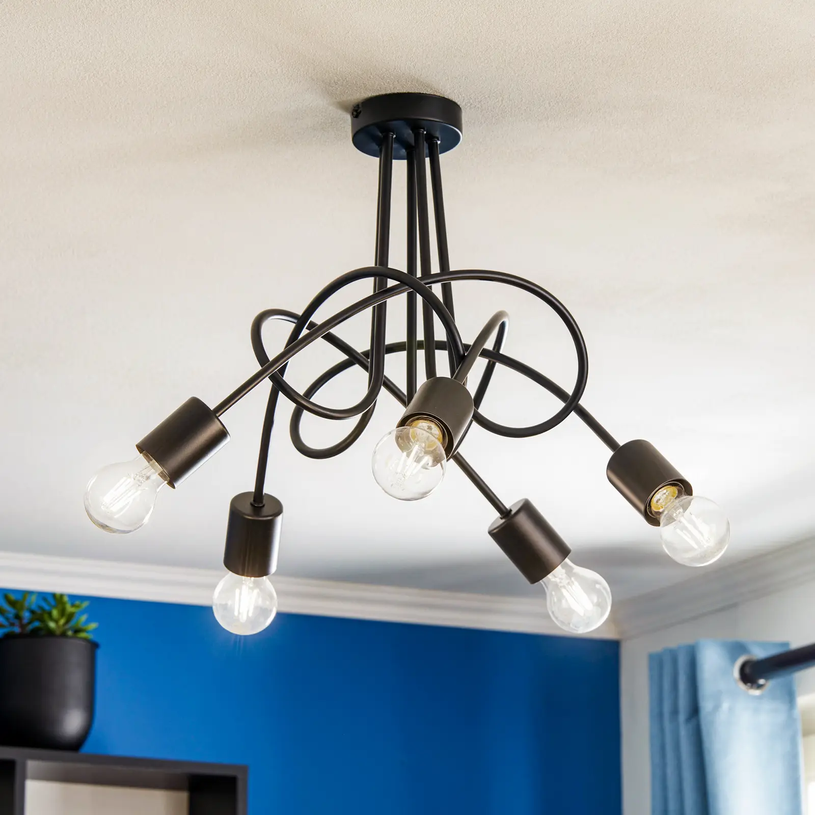 Czarna lampa wisząca Tango z pięcioma punktami świetlnymi. Wykonana z metalowych, zakrzywionych ramion, z przezroczystymi żarówkami. Montaż sufitowy, widok z góry, w tle niebieska ściana i roślina w doniczce.