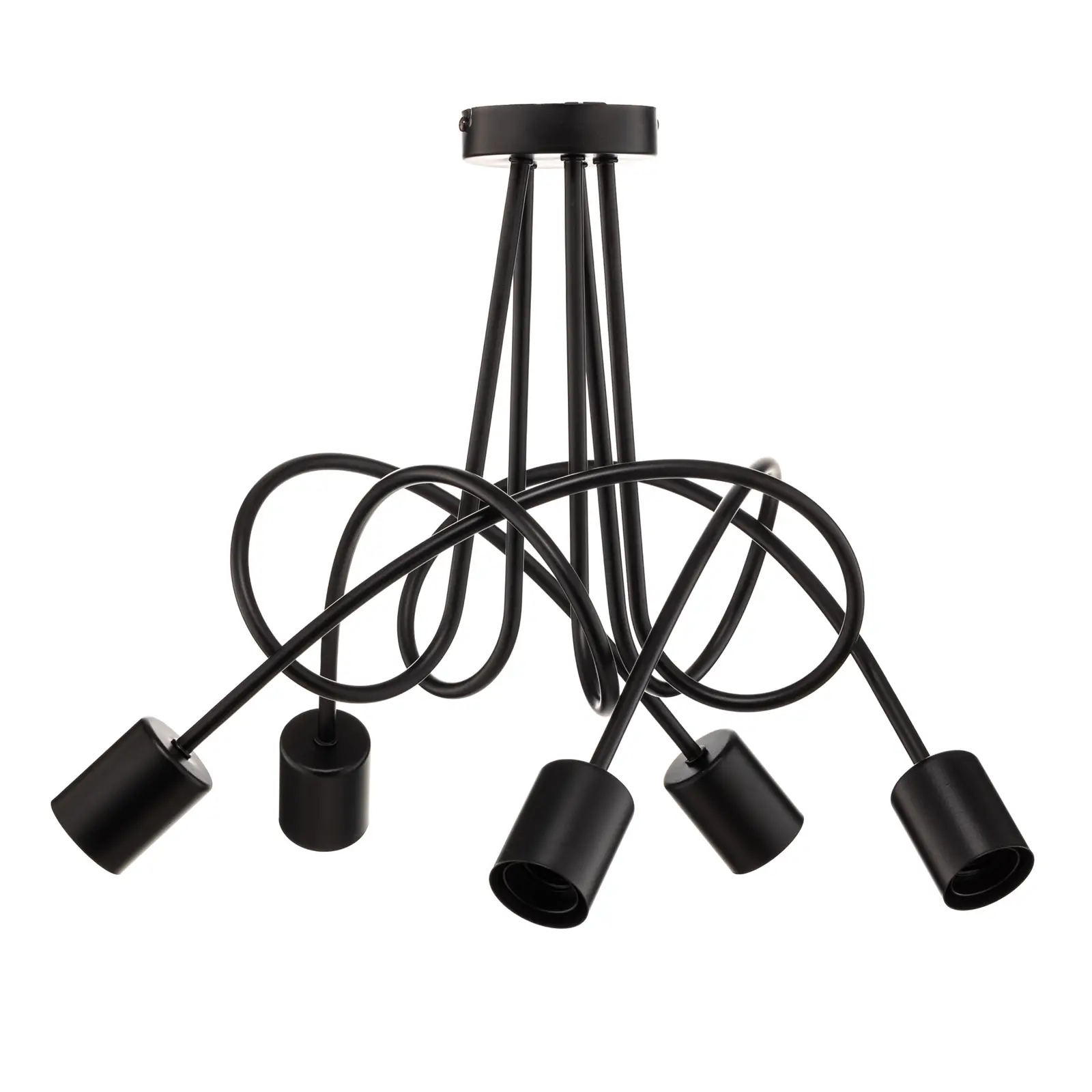 Czarna lampa wisząca Tango 5-punktowa z elastycznymi ramionami, z widocznymi gniazdami na żarówki. Ujęcie z góry, pokazujące stylowy, nowoczesny design i kształt, z pięcioma przewodami w formie falistych linii.
