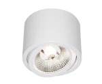 Biała lampa sufitowa tuba kierunkowa Arcos, z okrągłym korpusem i wypukłym kloszem. Widoczna żarówka z reflektorem w środku, zamontowana na suficie. Prosta, minimalistyczna forma, idealna do nowoczesnych wnętrz.