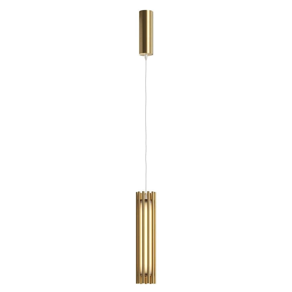 Lampa wisząca Sonata LED 1-punktowa w kolorze mosiądzu. Owalny klosz z poziomymi szczelinami, zawieszony na cienkim przewodzie. Prosta konstrukcja, montowana na suficie, idealna do nowoczesnych wnętrz.