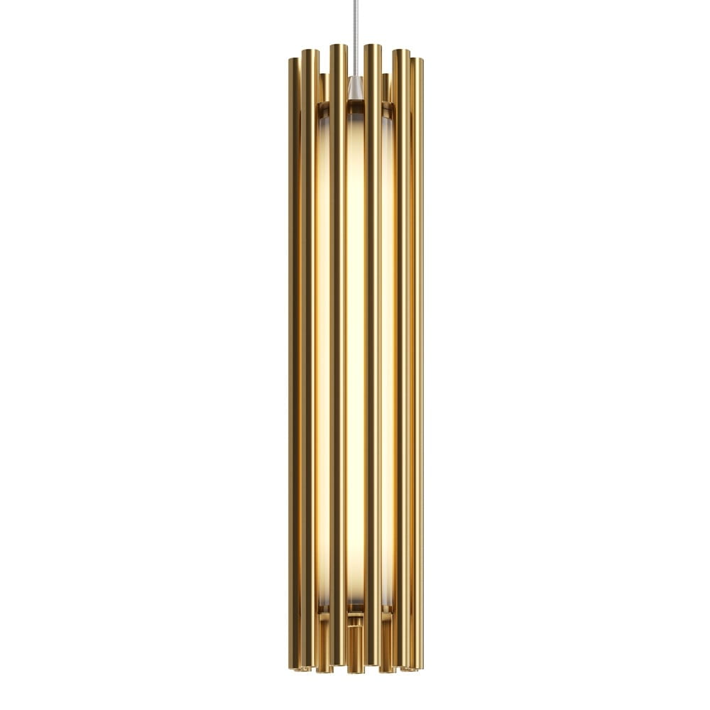 Lampa wisząca Sonata LED 1-punktowa w kolorze mosiądzu, o cylindrycznym kształcie, z pionowymi szczelinami, emitująca ciepłe światło. Zawieszona na cienkim kabelku, z prostym, eleganckim designem, idealna do nowoczesnych wnętrz.