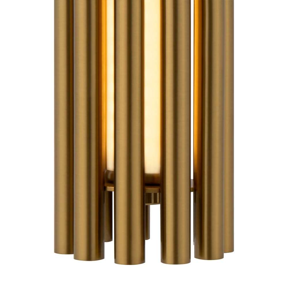Lampa wisząca Sonata LED, 1-punktowa, wykonana z mosiądzu. Charakteryzuje się cylindrycznymi przesłonami w złotym kolorze oraz centralnym źródłem światła otoczonym przez metalowe rurki. Produkt w pozycji stojącej, na jednolitym tle.
