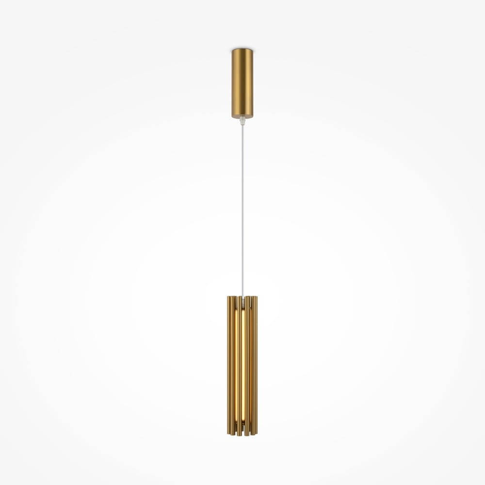 Lampa wisząca Sonata LED 1-punktowa, mosiężna, o cylindrycznym kształcie z poziomymi żłobieniami. Wizualizacja z góry, zawieszona na cienkim, białym przewodzie. Tło jednolite, białe.