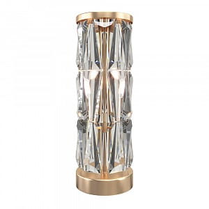 Złota lampa stołowa Puntes MOD043TL-02G z przezroczystymi, fasetowanymi elementami. Owalna podstawa, dwa źródła światła, nowoczesny design. Ujęcie frontalne, produkt na jednolitym tle.