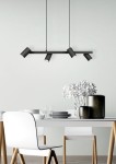 Czarna lampa wisząca Marley 4-punktowa z metalowymi kloszami w formie cylindrów, zawieszona nad stołem. Lampa ma prostą, minimalistyczną konstrukcję i jest umieszczona w jasnym wnętrzu z białym stołem i dekoracjami.