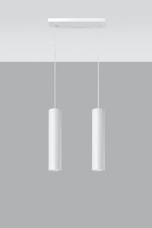 Biała lampa wisząca Lagos 2-punktowa z dwoma cylindrycznymi kloszami zawieszonymi na cienkich linkach. Produkt montowany do sufitu, z minimalistycznym designem, idealny do nowoczesnych wnętrz.