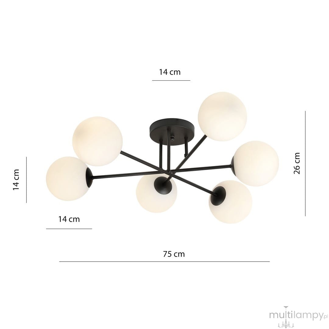 Lampa sufitowa Roma 6-punktowa w kolorze czarnym, z sześcioma opalowymi kloszami o średnicy 14 cm. Klosze rozmieszczone na metalowych ramionach, zamontowana na okrągłej podstawie. Wymiary: 75 cm szerokości, 26 cm wysokości.
