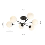 Lampa sufitowa Roma 6-punktowa w kolorze czarnym, z sześcioma opalowymi kloszami o średnicy 14 cm. Klosze rozmieszczone na metalowych ramionach, zamontowana na okrągłej podstawie. Wymiary: 75 cm szerokości, 26 cm wysokości.