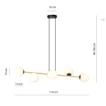 Lampa wisząca Gravity 6-punktowa w kolorze czarnym i złotym, z opalowymi kloszami. Wymiary: długość 110 cm, wysokość 14 cm, regulacja 40-100 cm. Zawieszona na dwóch cienkich linkach, minimalistyczny design, idealna do nowoczesnych wnętrz.