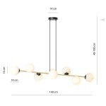 Lampa wisząca Gravity 8-punktowa w kolorze czarnym i złotym z opalowymi kloszami. Ma prostą, poziomą konstrukcję z ośmioma kulistymi źródłami światła, zawieszoną na regulowanych linkach o długości 40-100 cm. Wymiary: 140 cm szerokości, 14 cm wysokości.
