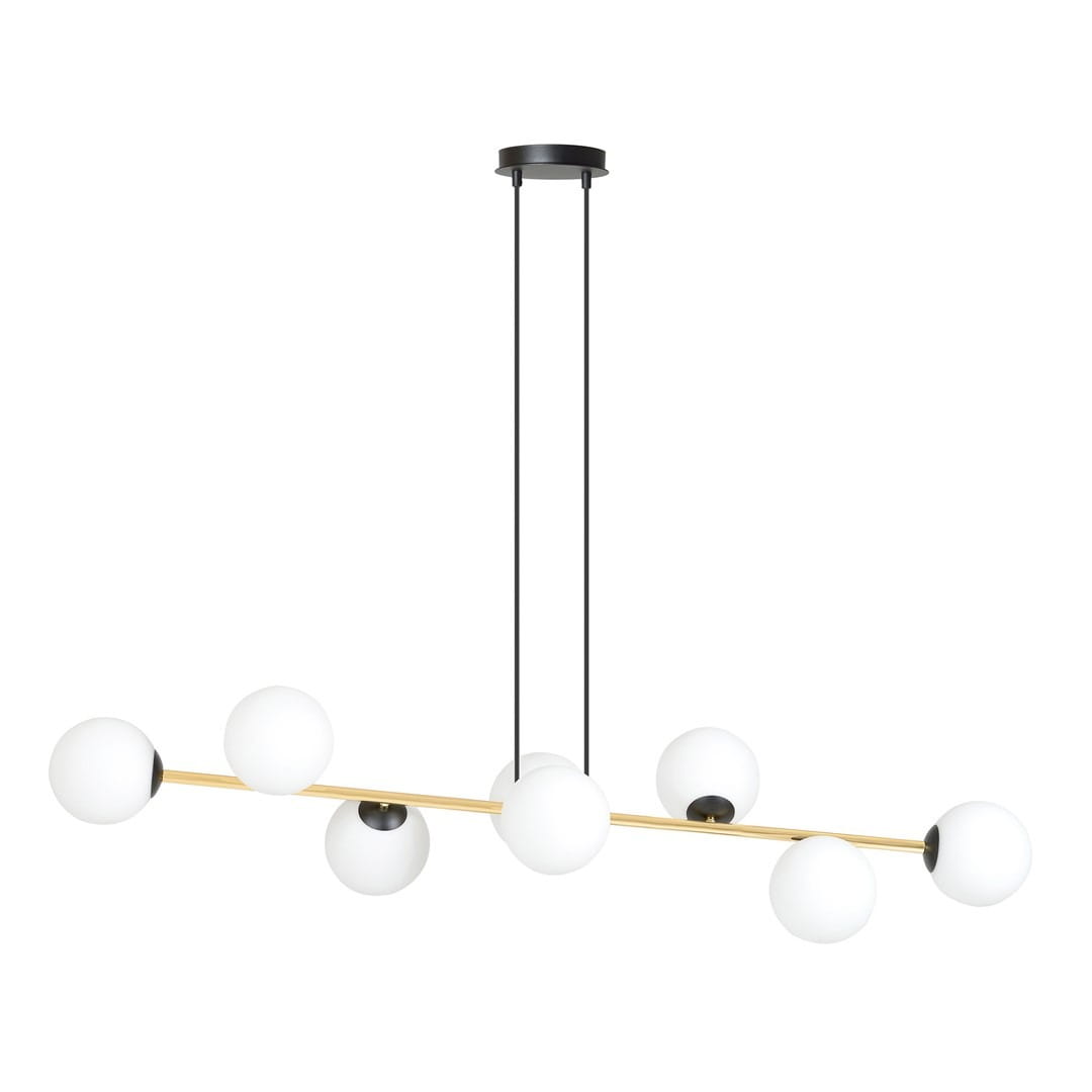 Lampa wisząca Gravity 8-punktowa w kolorze czarnym z elementami złotymi, z opalowymi kulami. Produkt zawieszony na dwóch czarnych przewodach, w układzie poziomym, z równomiernie rozmieszczonymi źródłami światła.