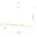 Lampa wisząca Gravity 8-punktowa w kolorze białym i złotym z opalowymi kloszami. Posiada prostą, liniową konstrukcję o długości 140 cm i wysokości regulowanej od 40 do 100 cm. Klosze mają średnicę 14 cm.
