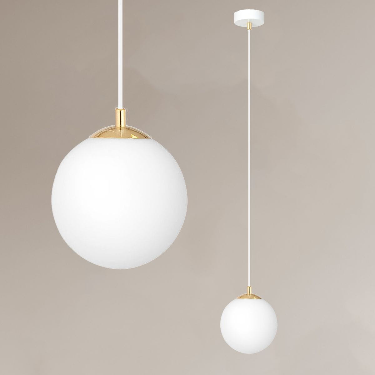 Lampa wisząca Royal 1-punktowa w kolorze białym i złotym, składająca się z dwóch kulistych kloszy z matowego szkła. Górna kula jest większa, zawieszona na cienkim białym przewodzie, a mniejsza znajduje się niżej. Tło w odcieniu beżowym.