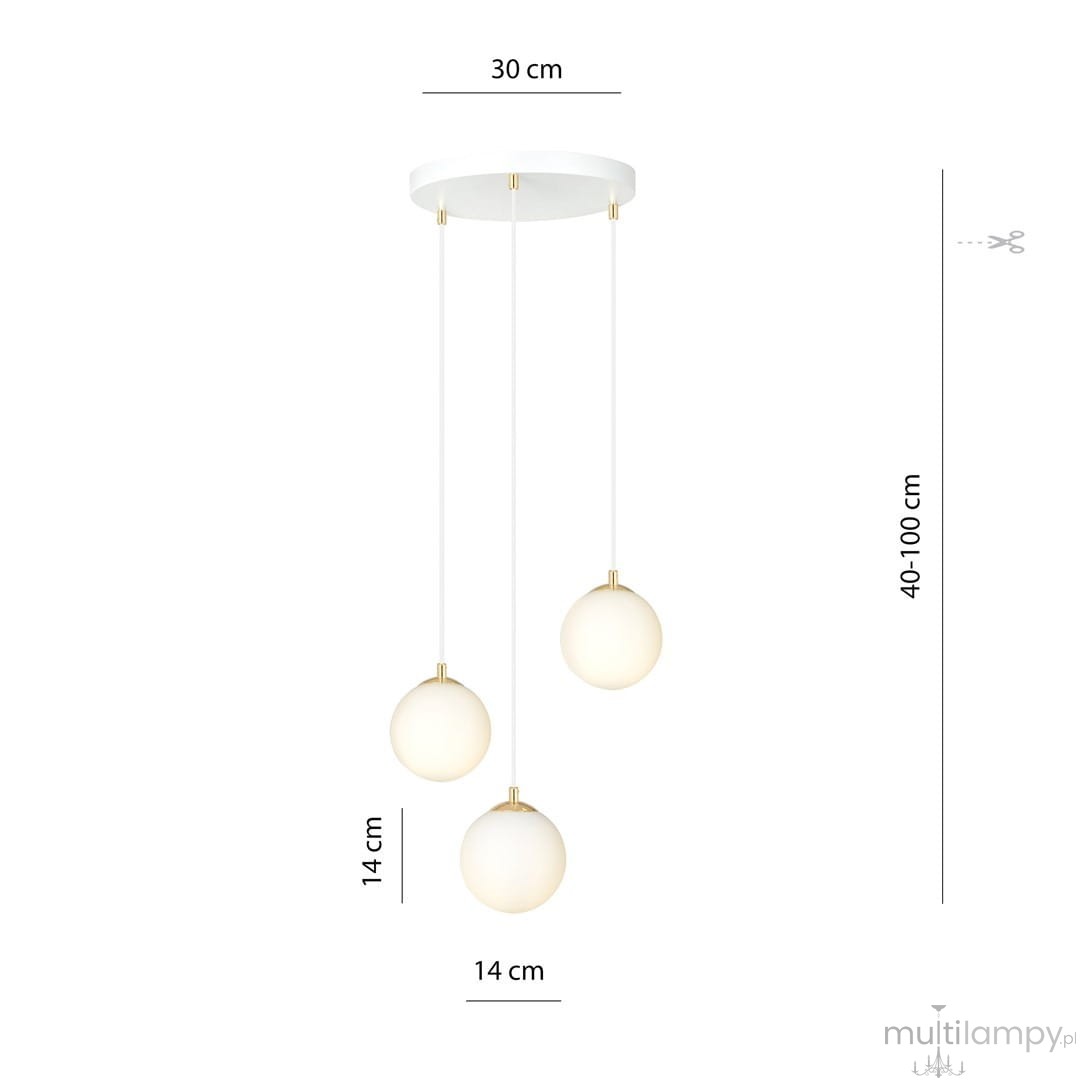 Lampa wisząca Royal 3-punktowa w białym kolorze z złotymi detalami. Składa się z trzech okrągłych kloszy o średnicy 14 cm, zawieszonych na białych kablach. Wysokość regulowana w zakresie 40-100 cm, montowana na okrągłej podstawie o średnicy 30 cm.