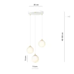 Lampa wisząca Royal 3-punktowa w białym kolorze z złotymi detalami. Składa się z trzech okrągłych kloszy o średnicy 14 cm, zawieszonych na białych kablach. Wysokość regulowana w zakresie 40-100 cm, montowana na okrągłej podstawie o średnicy 30 cm.